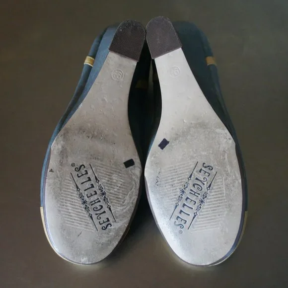 Anthropologie Seychelles Leather Grey Yellow T-Strap Mary Jane Shoes Wedges 9.5 - Picture 6 of 6
